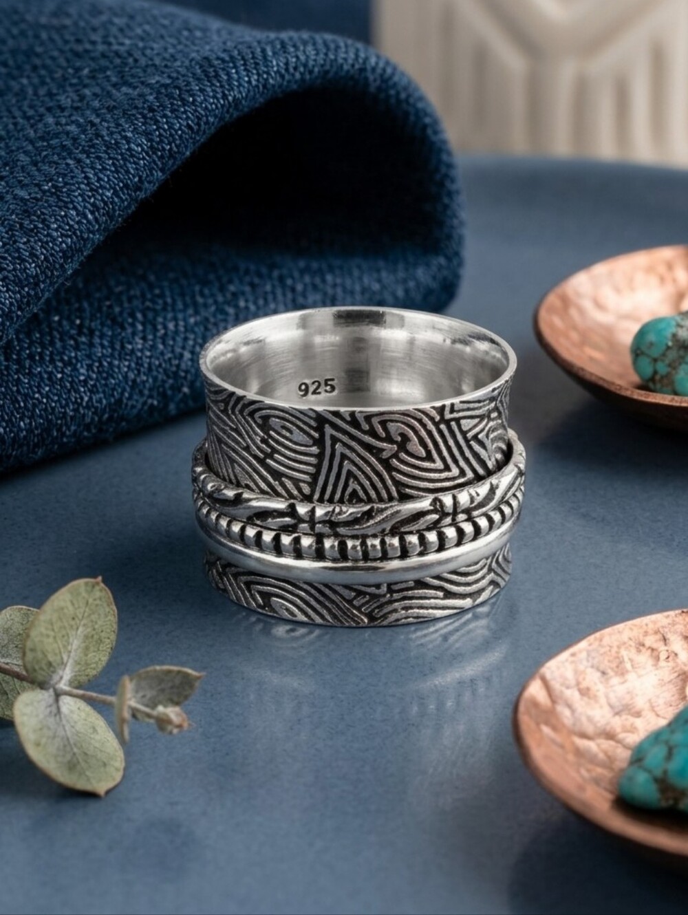 925 Sterling Silver Spinner Ring Meditation Fidget Anxiety Wide Band Boho Sz 6.5